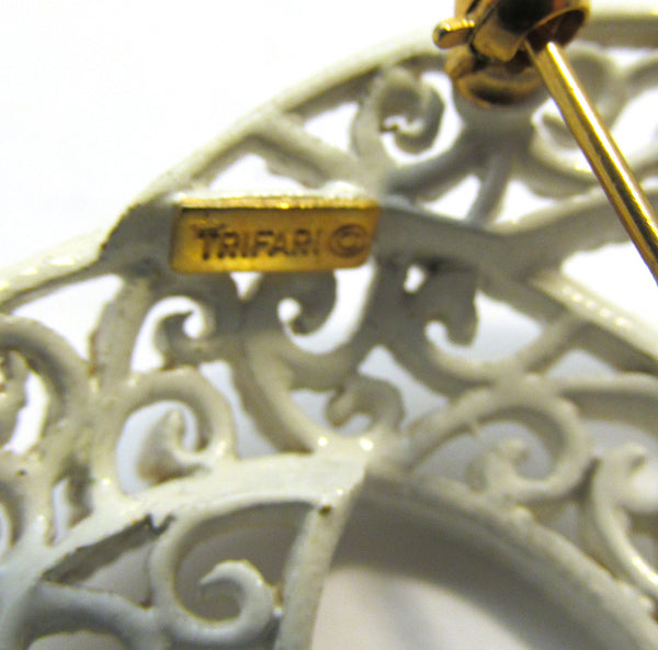 Signed Crown Trifari Vintage 1950s Designer Intricate White Enamel Pin