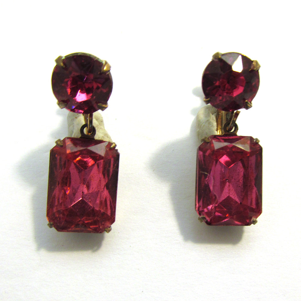 Eye-Catching Vintage 1950s Mid-Century Pink Diamante Drop Earrings - Front