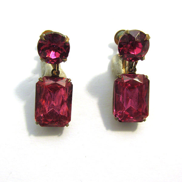 Eye-Catching Vintage 1950s Mid-Century Pink Diamante Drop Earrings - Front