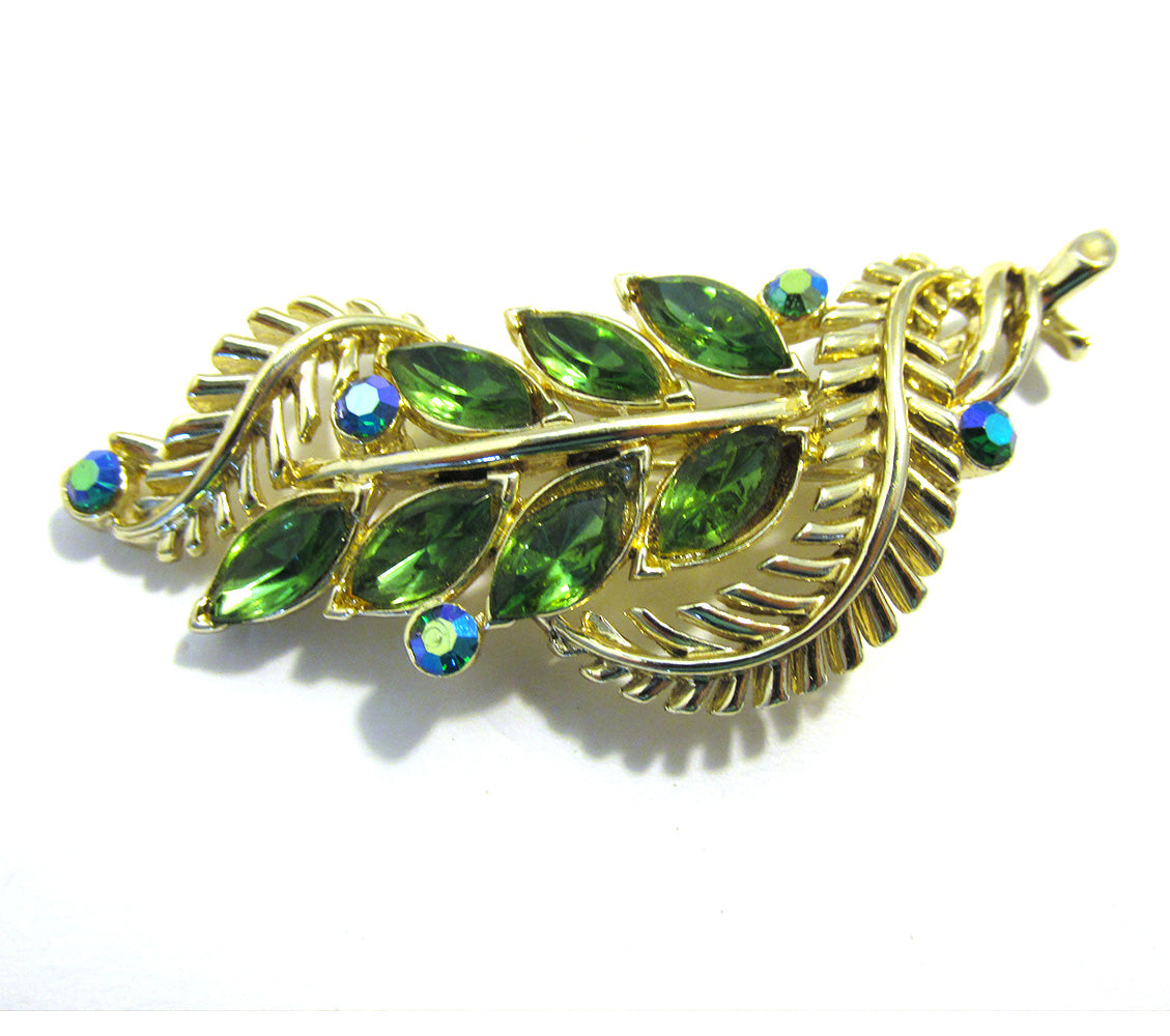 Attractive Signed Star Vintage 1960s Mid-Century Diamante Leaf Pin - Front