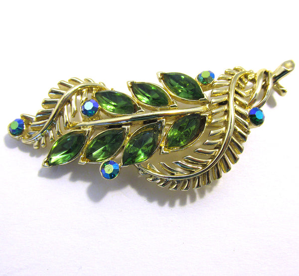 Attractive Signed Star Vintage 1960s Mid-Century Diamante Leaf Pin - Front