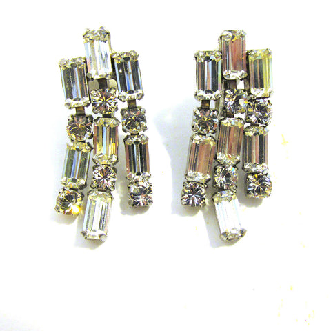 Glamorous Vintage Mid-Century 1950s Clear Diamante Dangle Earrings - Front