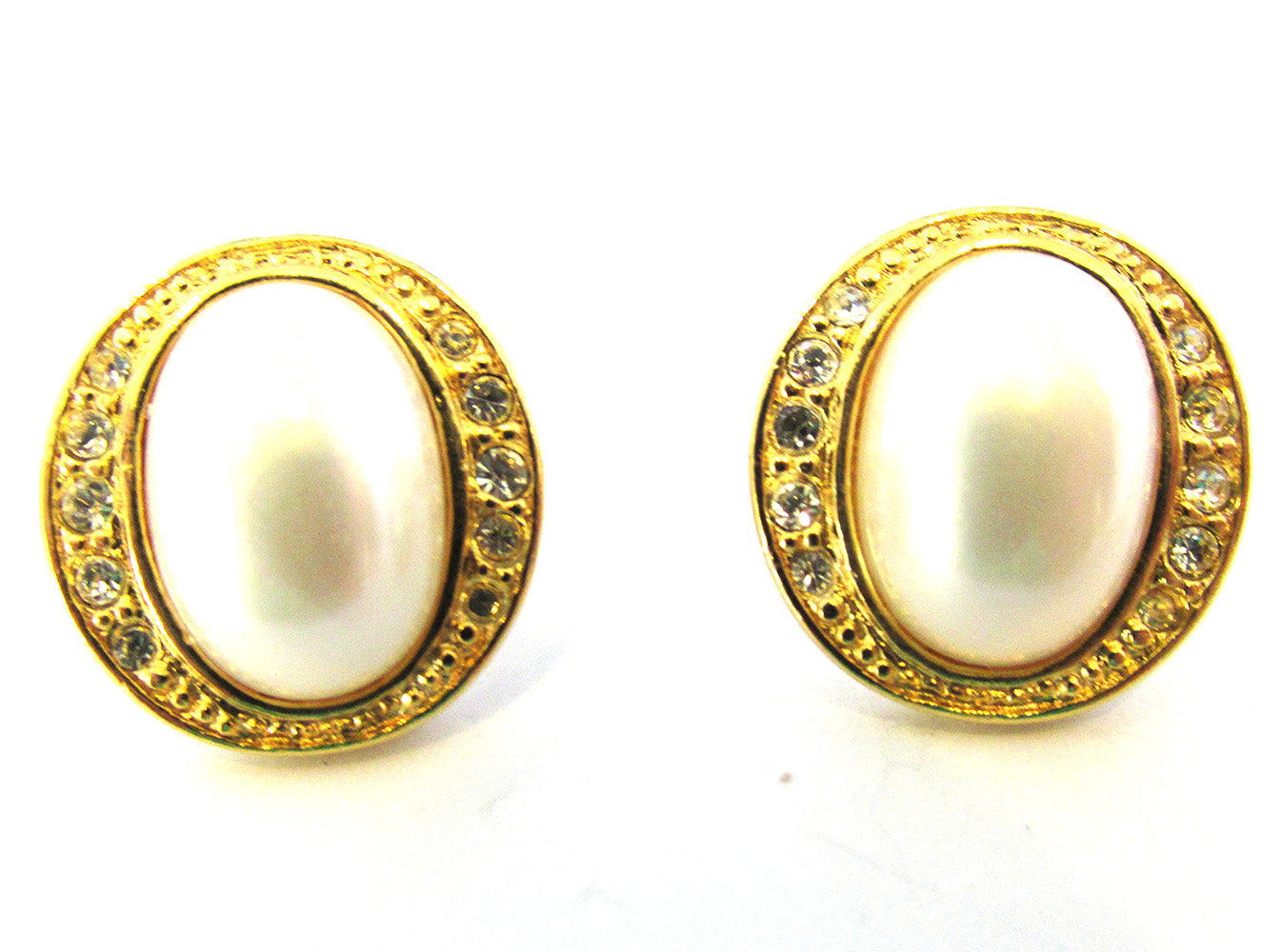 Signed Marvella 1970s Designer Diamante and Pearl Pierced Earrings - Front