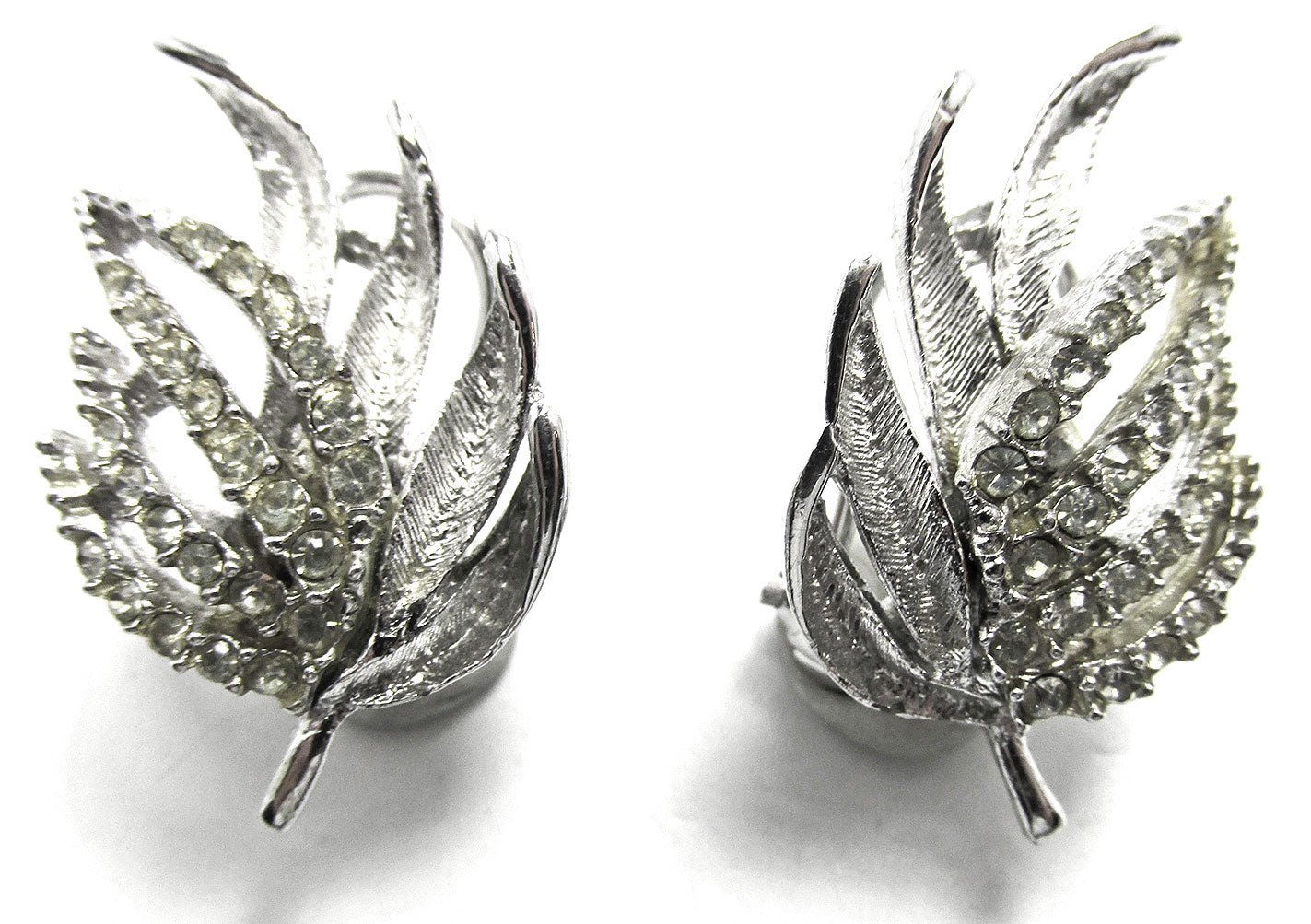 Vintage Mid-Century 1960s Clear Diamante Leaf Earrings - Front