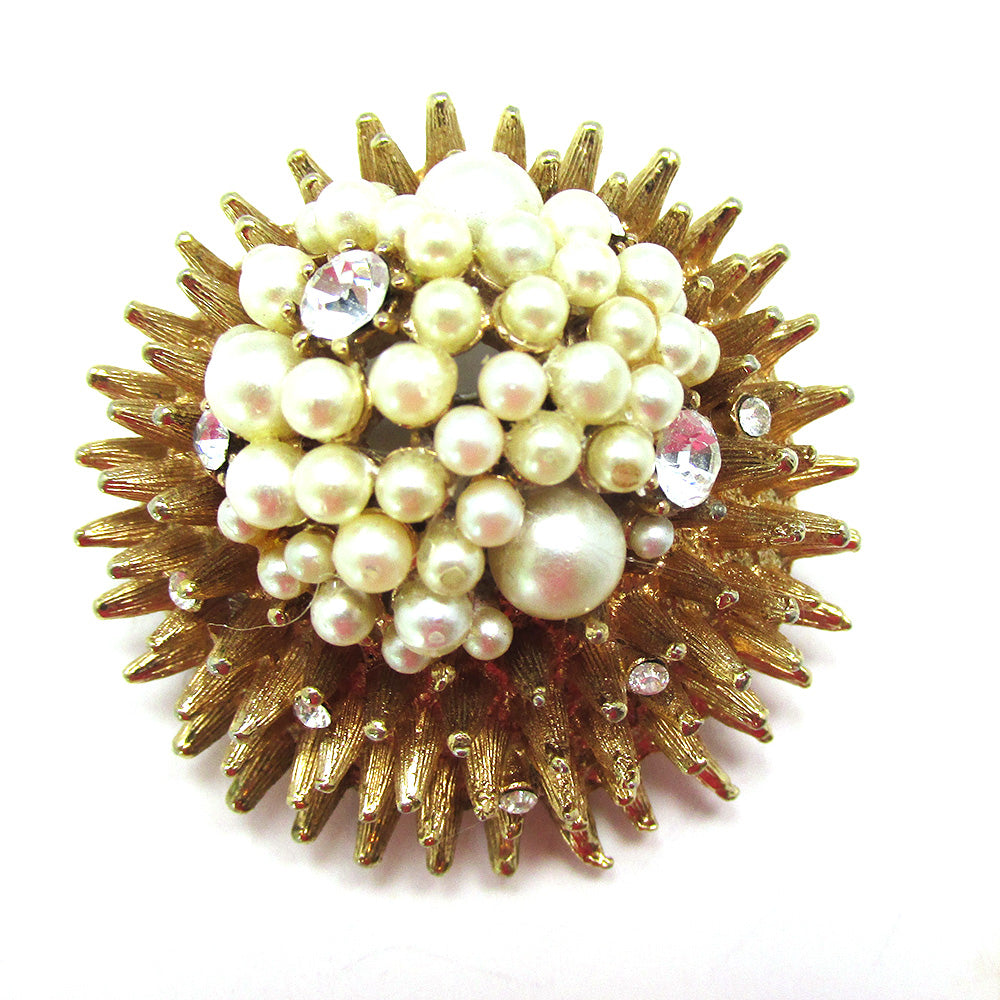 Eye-Catching 1950s Vintage Pearl and Diamante Sea Urchin Pin - Front