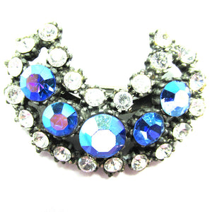 Attractive 1950s Vintage Crescent Shaped Blue and Clear Diamante Pin - Front