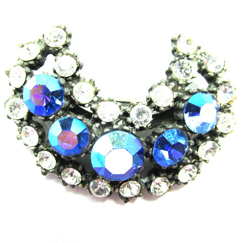 Attractive 1950s Vintage Crescent Shaped Blue and Clear Diamante Pin - Front