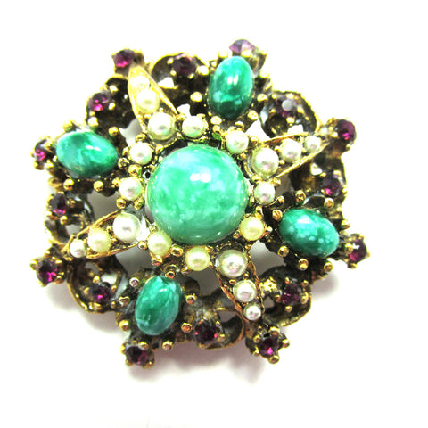 Vintage 1950s Timeless Malachite, Pearl, and Rhinestone Pin - Front