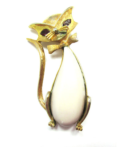 Signed JJ 1950s Vintage Designer Mid-Century Diamante Cool Cat Pin - Front