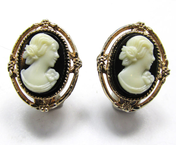 Vintage 1950s Signed Black and White Cameo Earrings - Front