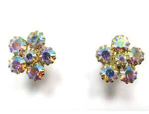 1950s Mid-Century Vintage Aurora Borealis Diamante Floral Earrings - Front