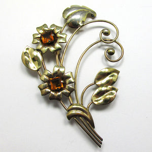 Signed Harry Iskin Vintage 1940s Rhinestone and Sterling Floral Pin - Front