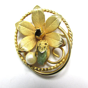 Mid-Century 1960s Vintage Green Gemstone and Ivory Pearl Floral Pin - Front