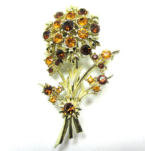 Attractive Vintage Collectible 1960s Citrine Diamante Floral Pin - Front