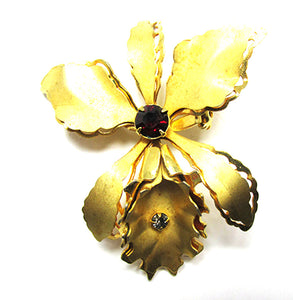 1950s Exotic Vintage Mid-Century Diamante and Gold Orchid Pin - Front