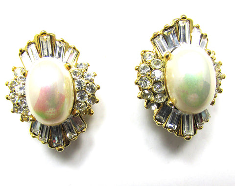 Vintage 1960s Glamorous Sophisticated Pearl and Rhinestone Earrings - Front