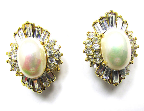 Vintage 1960s Glamorous Sophisticated Pearl and Rhinestone Earrings - Front