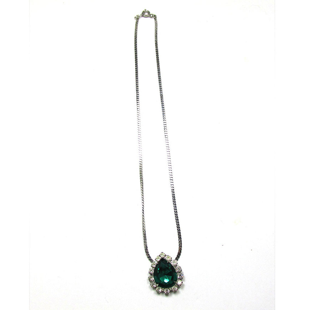 Lovely 1960s Vintage Emerald-Green and Clear Diamante Necklace - Front
