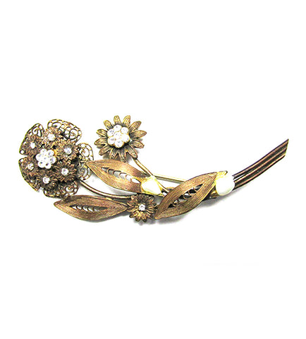 1940s Vintage Cannetille Work Diamante and Pearl Floral Spray Pin - Front