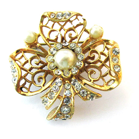 Vintage 1960s Lovely Mid-Century Diamante and Pearl Floral Pin - Front