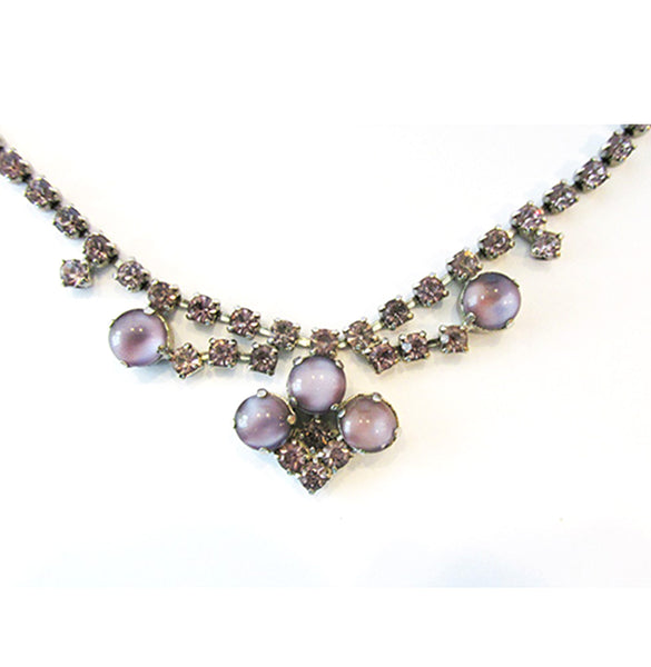 Striking 1950s Vintage Lavender Cabochon and Rhinestone Necklace - Close up