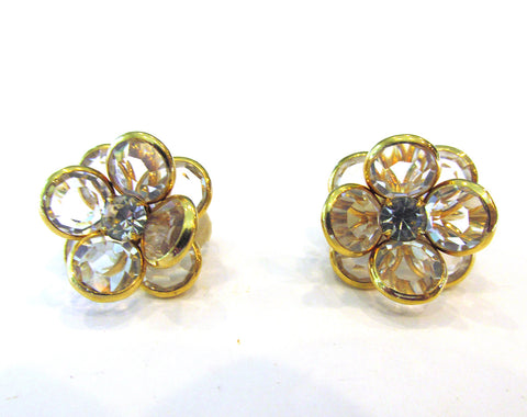 Vintage 1960s Sparkling Diamante and Crystal Floral Earrings - Front