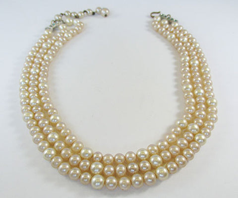 Vintage Mid Century 1950s Elegant Three Strand Ivory Pearl Necklace