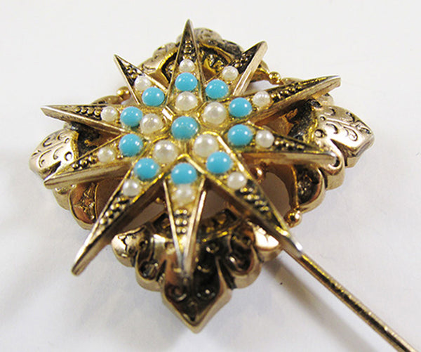 Vintage Mid Century Distinctive Turquoise and Pearl Hat/Stick Pin - Close Up