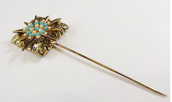 Vintage Mid Century Distinctive Turquoise and Pearl Hat/Stick Pin - Front