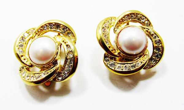 Signed Trifari 1960s Vintage Designer Diamante and Pearl Earrings - Front