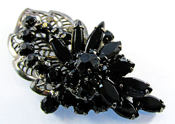 Vintage Jewelry 1950 Mid-Century Onyx Diamante Floral Pin and Earrings - Pin