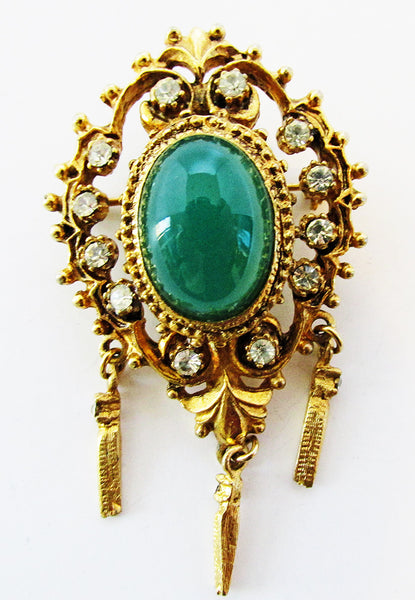 Vintage 1950s Mid-Century Opulent Sparkling Diamante and Jade Pin - Front