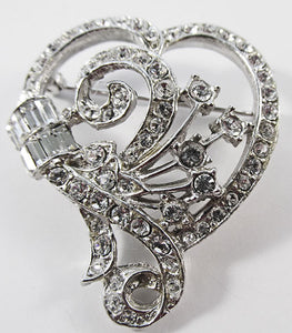 Vintage Stunning 1950s Rhinestone Floral Heart Pin