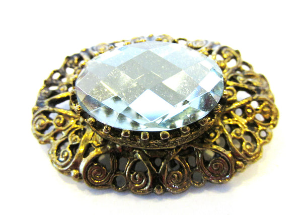 Jewelry Vintage 1950s Mid-Century Gold Oval Rhinestone Pin - Side
