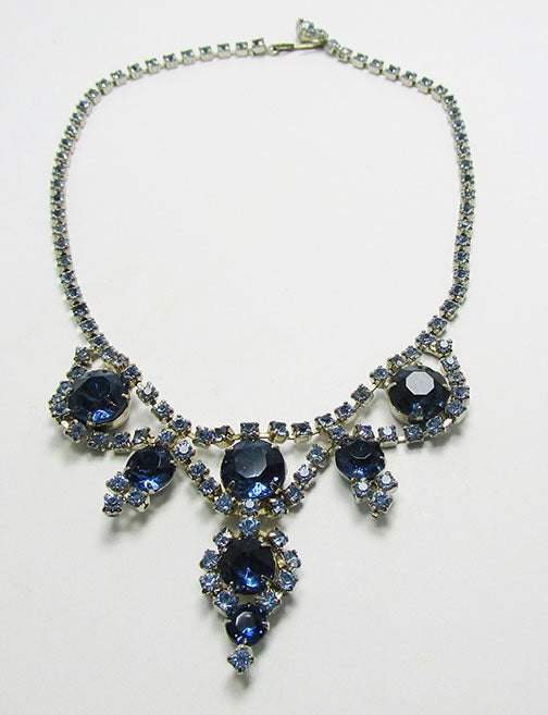 Vintage Gold Tone Navy Blue Rhinestones Flower Statement Necklace