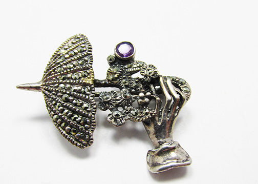 Vintage 1960s Distinctive Sterling and Amethyst Marcasite Pin