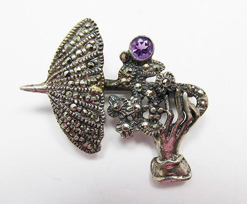 Vintage 1960s Distinctive Sterling and Amethyst Marcasite Pin