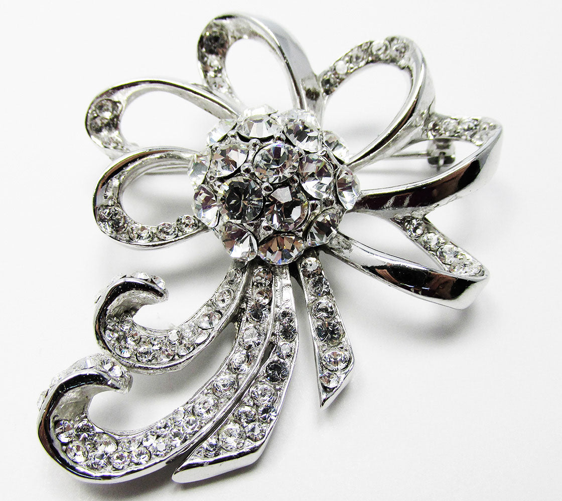 Dazzling Vintage 1950s Mid-Century Diamante Ribbon Bow Pin - Front