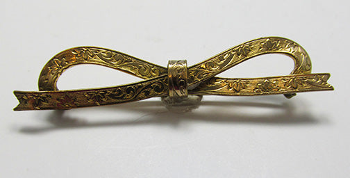 Vintage Retro 1920s Minimalist Gold Engraved Floral Ribbon Bow Pin