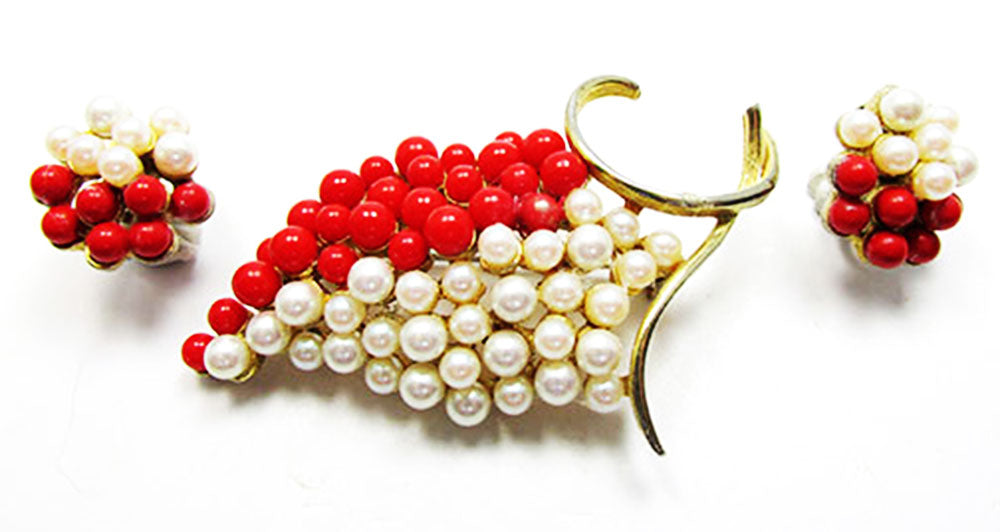 Vintage 1950s Jewelry Elegant Pearl and Coral Grape Pin and Earrings