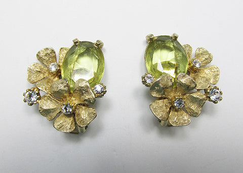 Art Vintage Mid Century Beautiful Citrine Rhinestone Floral Earrings