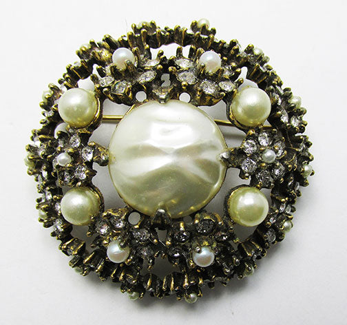 1960s Rhinestone & fashion Faux Mobé Pearl Brooch | 60s White Faux Pearl Rhinestone Pin