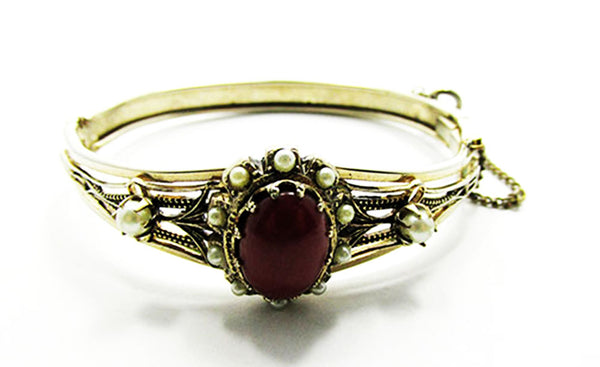 Vintage 1940s Costume Jewelry Edwardian Style Carnelian Cuff Bracelet - Front