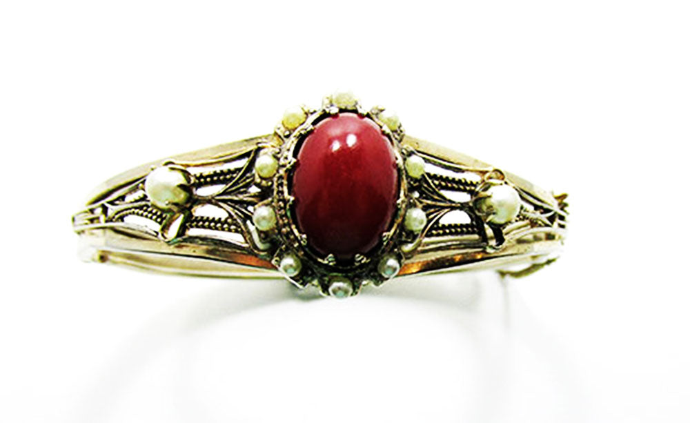 Vintage 1940s Costume Jewelry Edwardian Style Carnelian Cuff Bracelet - Front